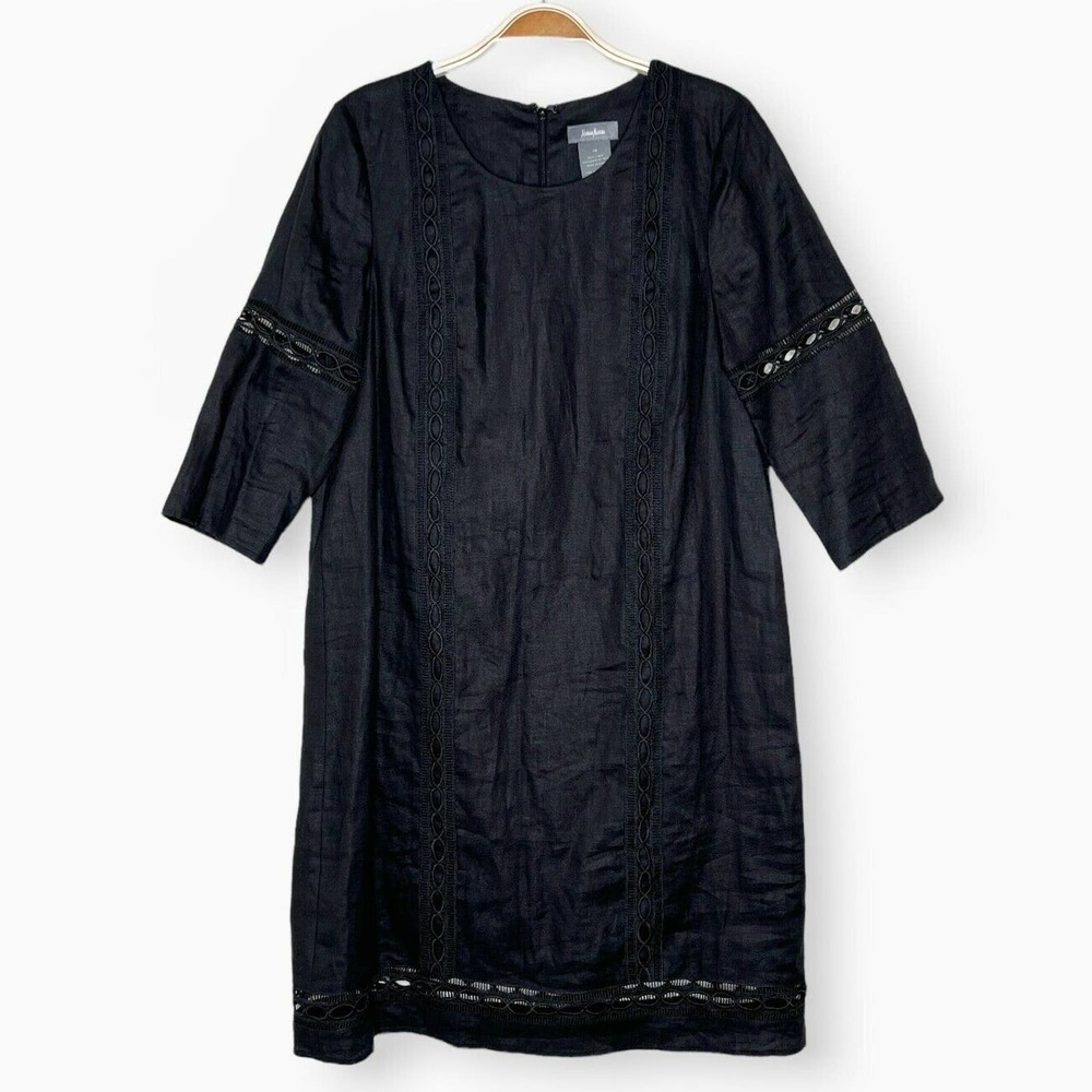 NWT Neiman Marcus Women's 100% Linen 3/4 Sleeve Shift Dress Black Size XS